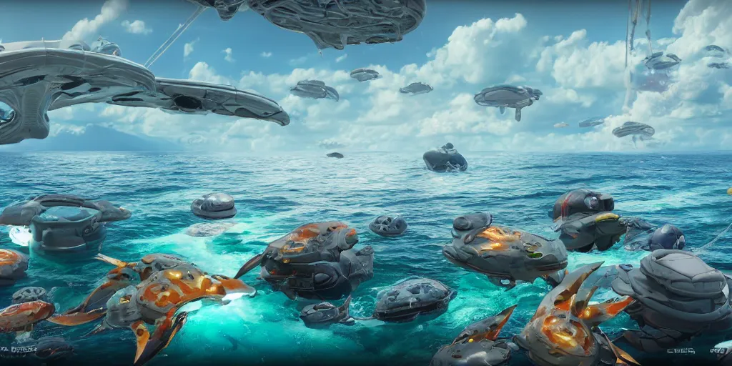 Prompt: a view from a boat of clusters of housecrafts floating on a beautiful ocean, fusion of subnautica and star trek, by noriyoshi ohrai, beautifully detailed 4 k octane render, 4 k post processing