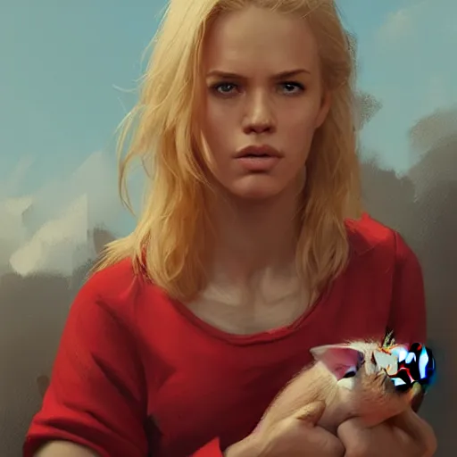 Image similar to portrait of a half blonde woman half pig with red shirt ,digital art,photorealistoc,art by greg rutkowski,hyperdetailed,western comic style,comic,comic style,sharp lineart,professional lighting,deviantart,artstation,trevor henderson,rossdtaws,cinematic,dramatic