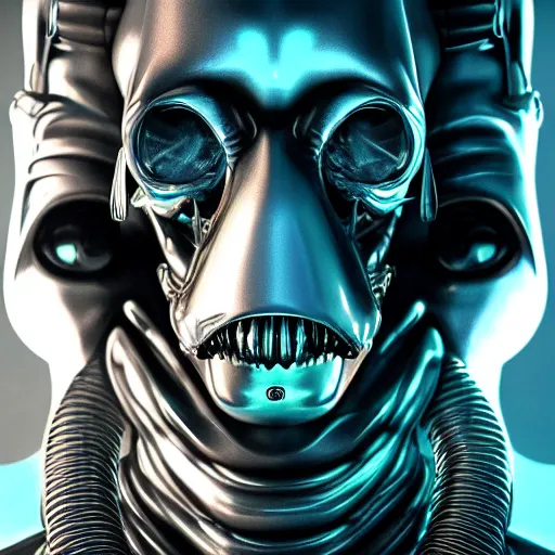 Prompt: cyberpunk alien portrait, hyper realistic shiny textures 8 k, alien vs predator skull, cyberpunk, elongated head, intricate details, fluorescent glow, science fiction space horror, unreal engine, dark, heavy shading, depth of field