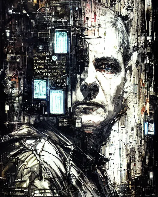 Image similar to photo of lieutenant columbo as a cyborg, advanced technology, cyberpunk, city, scifi, moody, atmosphere, 8 k high definition, insanely detailed, intricate, by guy denning, mark brooks