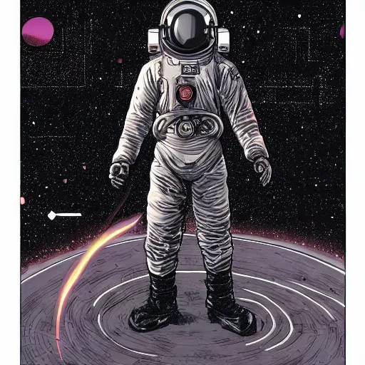 Image similar to cyberpunk japanese man with long limbs and a black spacesuit on a spacewalk, techwear, Industrial Scifi, detailed illustration, character portrait, by Martin Grip and Moebius