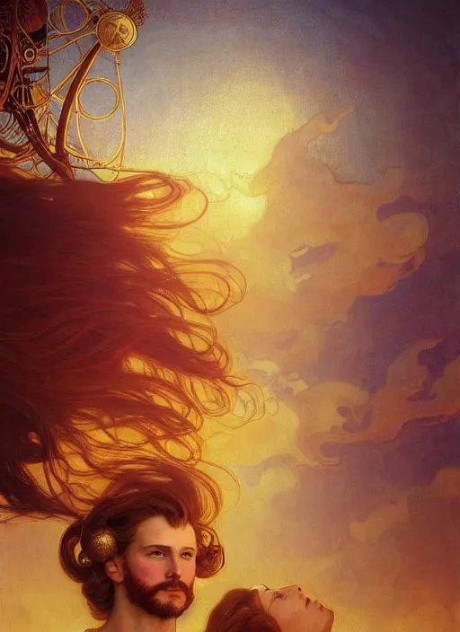 Prompt: portrait painting of a handsome face rugged long hair crimson hair male captain, top half portrait soft hair steampunk ornate mechanical zeppelin airship in the background sky sunset golden hour fantasy soft hair deviantart book cover art atmospheric volumetric lighting art by mucha greg rutkowski gaston bussiere