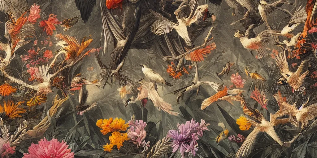 Image similar to breathtaking detailed concept art painting art deco pattern of birds amalmation blend of flowers and birds, by john james audubon, bizarre compositions, exquisite detail, extremely moody lighting, 8 k