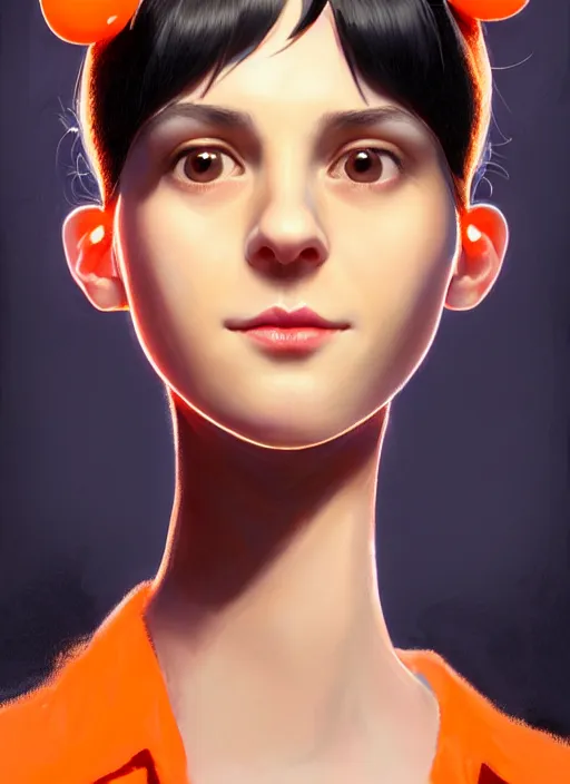 Image similar to portrait of high school girl, realistic, black hair, bangs, half updo hairstyle, pointy nose, skinny, smile, ugly, defined jawline, big chin, orange hair bow, earrings, intricate, elegant, glowing lights, highly detailed, digital painting, artstation, sharp focus, illustration, art by wlop, mars ravelo and greg rutkowski