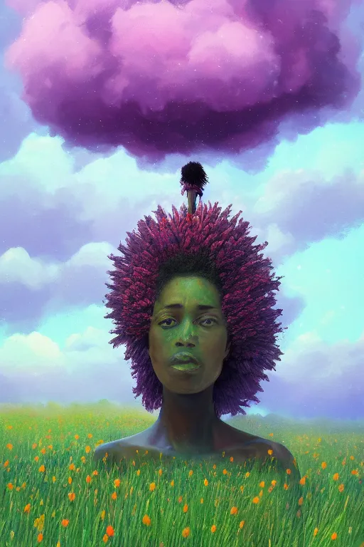 Prompt: closeup, giant flower head, black woman in heather field, surreal photography, starlight, storm clouds, impressionist painting, digital painting, artstation, simon stalenhag