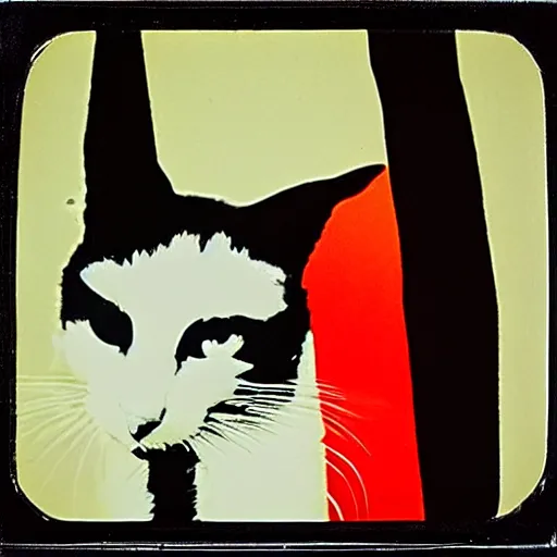 Image similar to medium of a sharp shadow!! of a cat!! only shadow on the wall in the street, colours, polaroid photo, by andy warhol