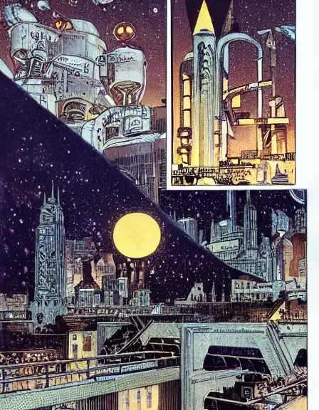 Image similar to comic book page, a city on the moon, by Francois Schuiten