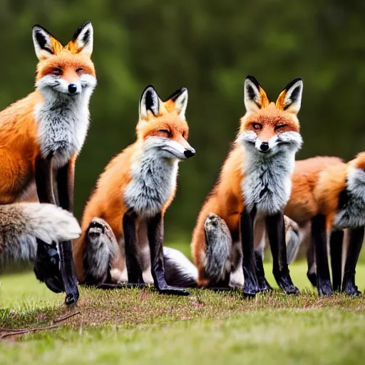 Image similar to a group of fox animals dressed in modern american military soldier uniforms, foxes laughing at a computer, 8 5 mm f / 1. 4