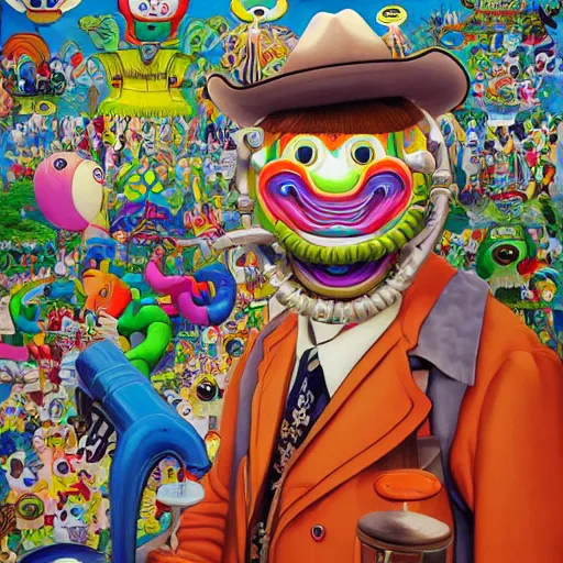 Image similar to beautiful painting of anthropomorphic steam railway engine monster truck snake oil salesman cowboy caveman hydra, neo - andean architecture art by takashi murakami, art by lisa frank, art by jacek yerka, art by victor moscoso. lifelike mechanical eyes. locomotive snake. trending on artstation, hyperrealism, 1 0 k