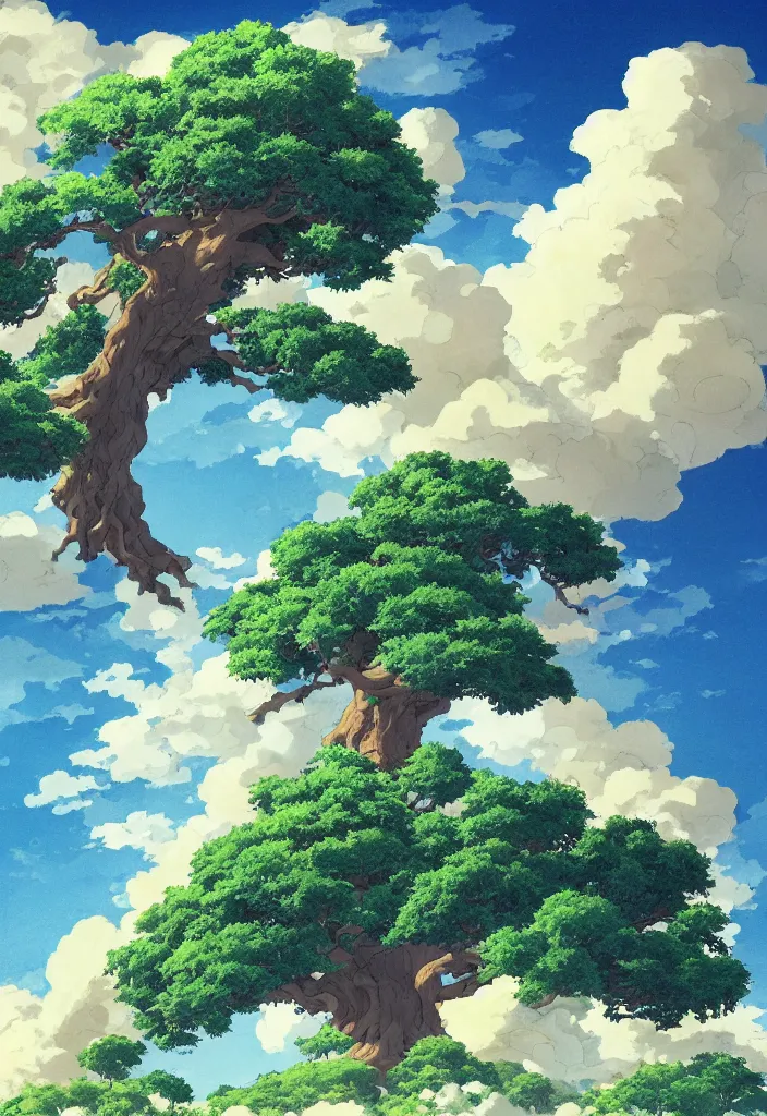 Image similar to a gigantic oak reaching the sky, detailed clouds, sunbeams, heavenly color scheme, studio ghibli scheme