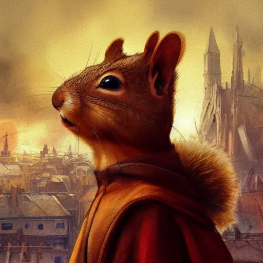 Prompt: Anthropomorphic Squirrel wearing a Cloak sitting otop a roof in a decimated city, concept art,like a action book cover,by rossdraws and greg rutkowski,Leonardo DaVinci