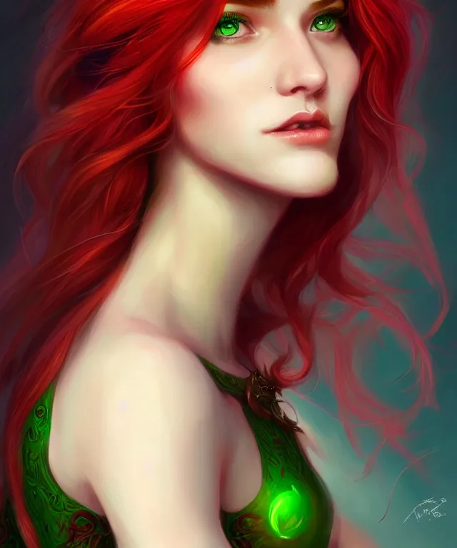 Image similar to Fae teenage girl, portrait, face, long red hair, green highlights, fantasy, intricate, elegant, highly detailed, digital painting, artstation, concept art, smooth, sharp focus, illustration, art by artgerm