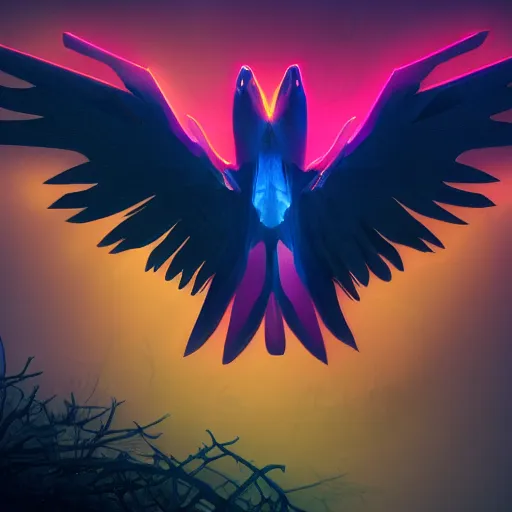 Prompt: massive bird with neon wings in a dim dark forest colorful 4 k path traced high definition detailed artstation realistic trending dramatic lighting dark and light contrast