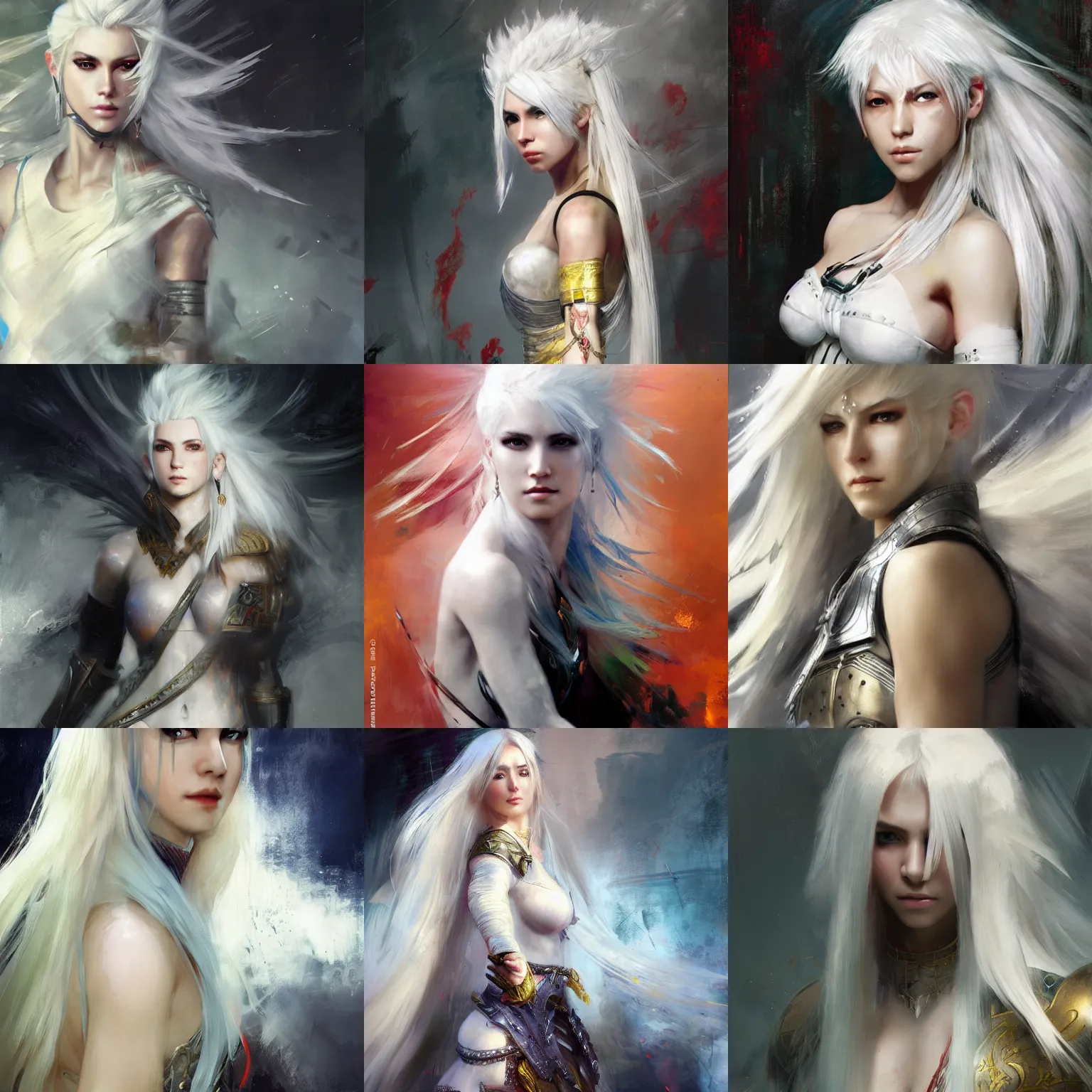 Prompt: warrior princess with white hair full shot, by Ruan Jia, abstract background