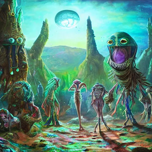 Image similar to extraterrestrial wedding in village on ancient post - apocalyptic planet, jim henson creature shop, vivid and colorful, cinematic, oil painting, highly detailed, illustration