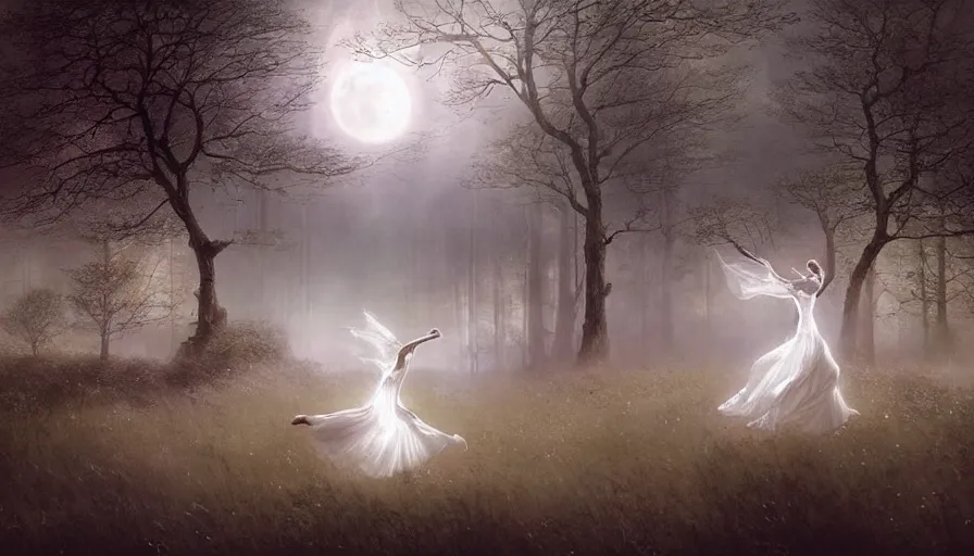 Prompt: dancers in white lit only by the moon, dancing across a flower meadow the twilight dance of the fae by aleksi briclot, greg rutkowski and ivan aivazovsky, contemporary dancers dancing artistic photography movement photorealistic volumetric cinematic light, award - winning, atmospheric fantasy sky, branches of the forbidden forest around them