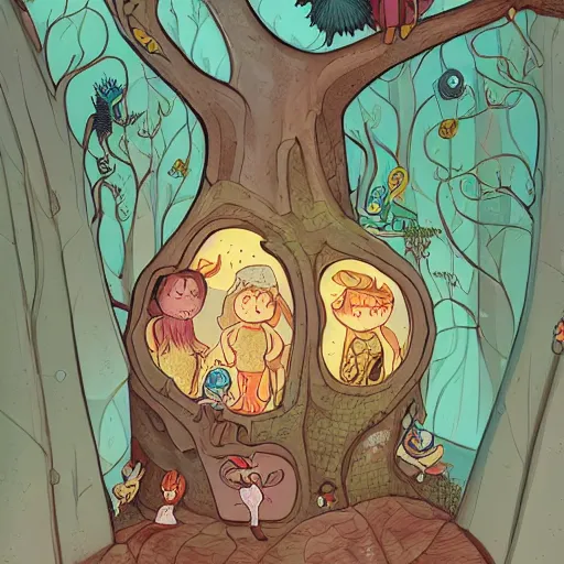 Image similar to a family of faeries living inside a hollow in a tree, highly detailed sharp focus painting by kerascoet by marie pommepuy and sebastien cosset, dynamic lighting