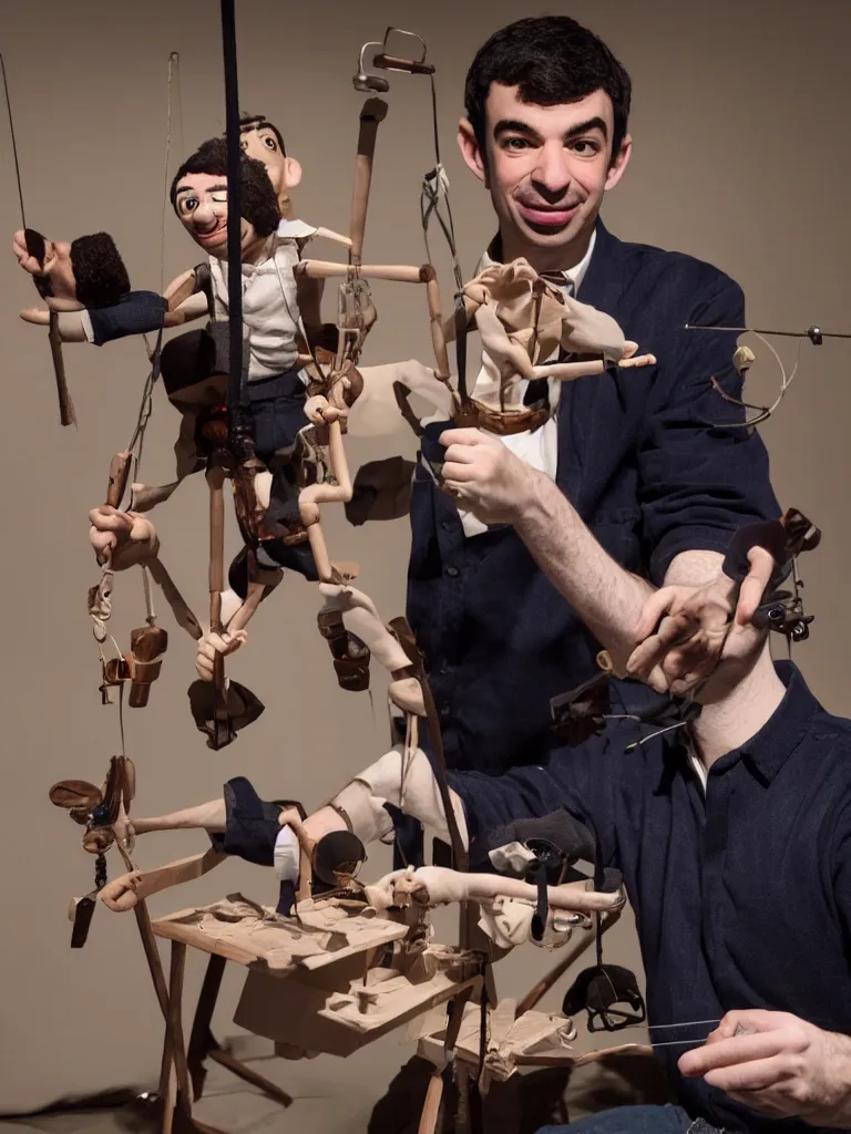 Image similar to close up photograph of nathan fielder behind a puppet stage controlling a marionette by the strings, high detail, 8 k, photorealism, sharp focus, volumetric lighting