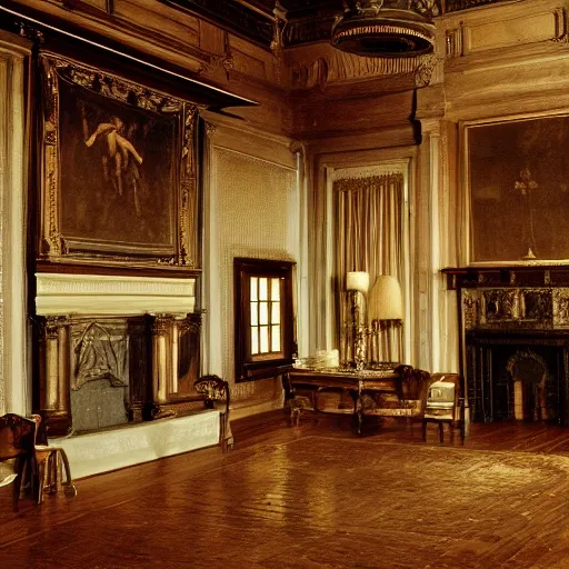 Image similar to interior of a Tudor Mansion Hall, grand and fully furnished, 18th century, highly detailed, atmospheric, cinematic composition and lighting, 8k