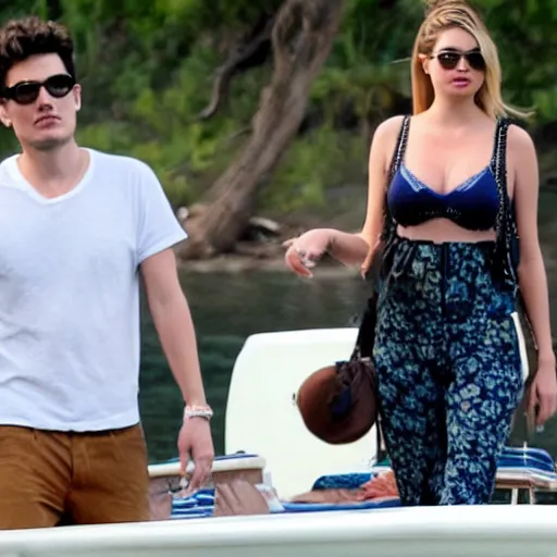 Image similar to john mayer is dating kate upton. they're on a boat. her bikini is showing. cinematic 8 k, depth of field