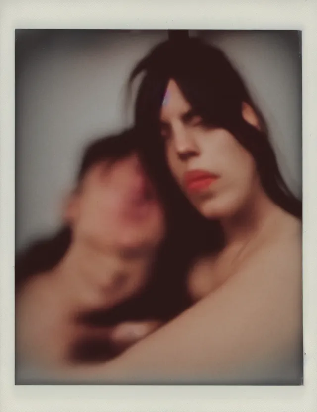 Image similar to polaroid photo with flash, portrait of woman sleeping on a shoulder of a male stranger in a metro, cool colors, bleached strong lights, kodak film stock, hyper real, stunning moody cinematography, with anamorphic lenses, by maripol, detailed