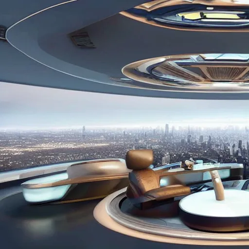Image similar to futuristic penthouse view on city flying cars