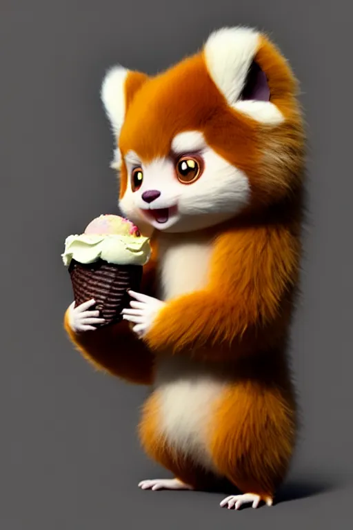 Image similar to high quality 3 d render hyperrealist very cute pastel fluffy! red panda & tarsier hybrid eating giant ice cream full body, very smooth, in the style of detective pikachu, charlie immer, very dramatic light, low angle, uhd 8 k, shallow depth or field