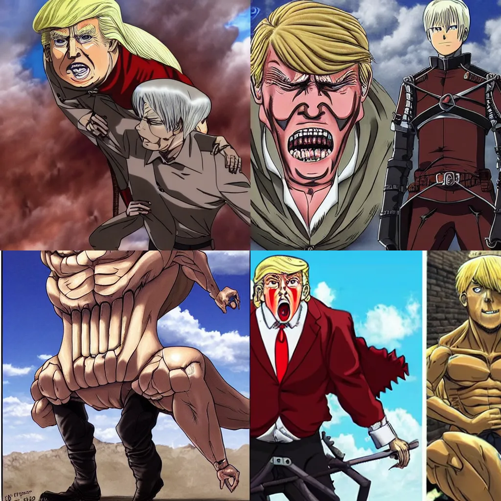 Prompt: Trump as a Titan from attack on Titan, in the style of attack on Titan,