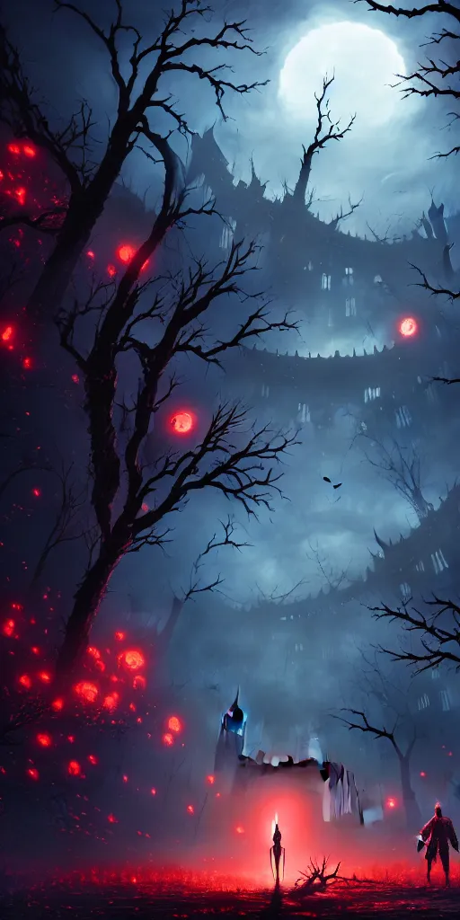 Image similar to abandoned bloodborne old valley with a person at the centre and a city at the end, trees and stars in the background, falling petals, epic red - orange moonlight, perfect lightning, illustration by niko delort, 4 k, ultra realistic