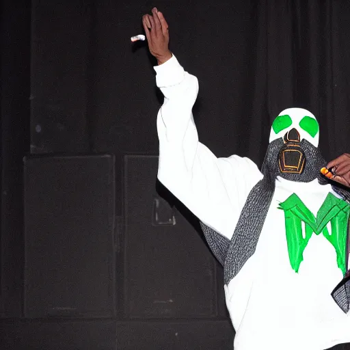 Image similar to rapper mf doom performing madvillany on stage