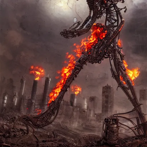 Image similar to flamethrower guitar robot in ruined city by Yoshitaka Amano, by HR Giger, biomechanical, 4k, hyper detailed, hyperrealism, anime, a Blood Moon rising on a Broken World, deviantart, artstation