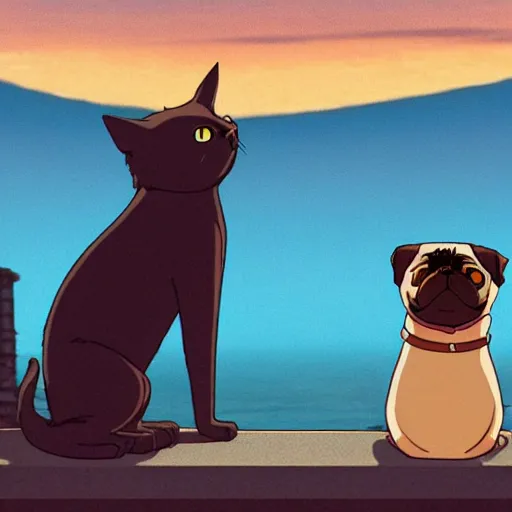 Image similar to an anthropomorphic black cat and pug dog who are in love and holding hands while looking out over a city, Miyazaki, studio ghibli