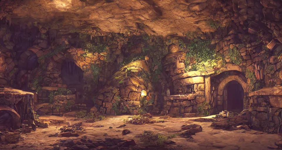 Image similar to An epic fantasy comic book style landscape painting of a thieves den hidden inside a cavern, unreal 5, DAZ, hyperrealistic, octane render, dynamic lighting
