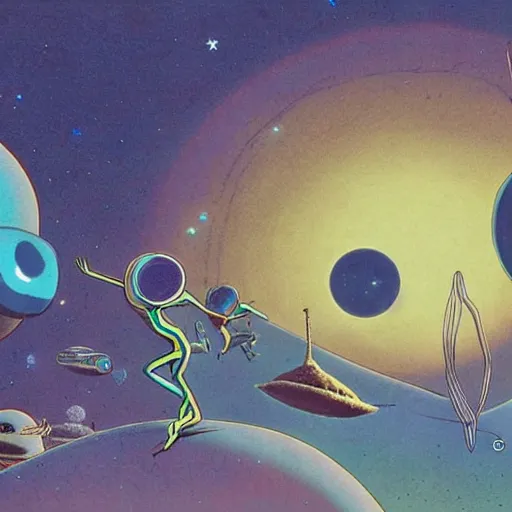 Prompt: spacehip in FANTASTIC PLANET La planète sauvage animation by René Laloux