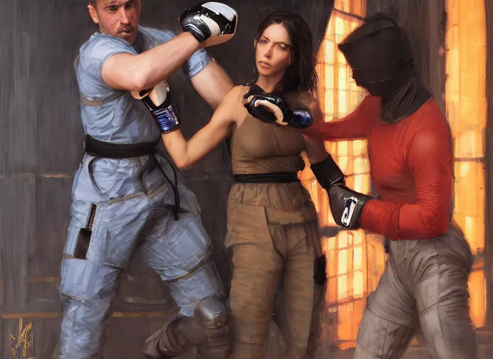 Image similar to Maria fights sgt Nash. Cyberpunk hacker in orange jumpsuit fighting menacing police troopers (blade runner 2049). beautiful face. kickboxing. Orientalist portrait by john william waterhouse and James Gurney and Theodore Ralli and Nasreddine Dinet, oil on canvas. Cinematic, hyper realism, realistic proportions, dramatic lighting, high detail 4k