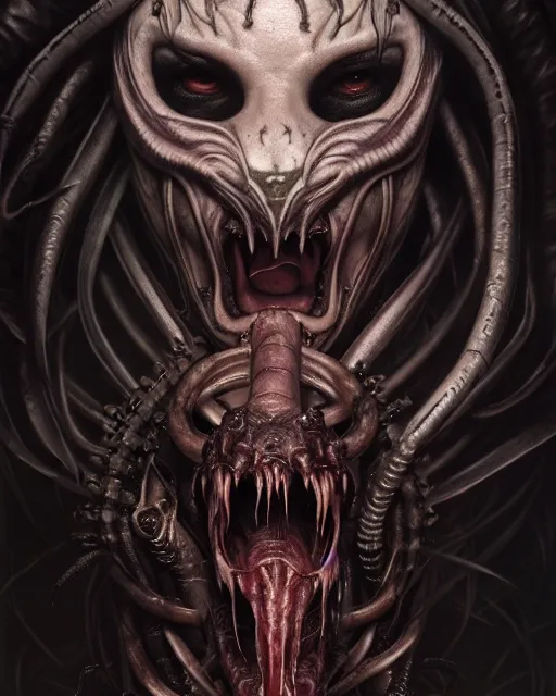 Image similar to ultra realistic, predator, male, fangs, goth, tattoos, leather, fantasy, flesh, bone, body horror, intricate details, eerie, highly detailed, octane render, 8 k, art by artgerm and alphonse mucha and greg rutkowski