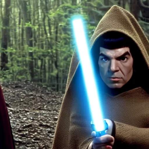 Image similar to a still shot of a movie, spock from star trek, spock holding a starwars lightsaber, spock in the hobbit shire, spock wearing hogwarts robes, spock is wearing a wizard's hat, 4k