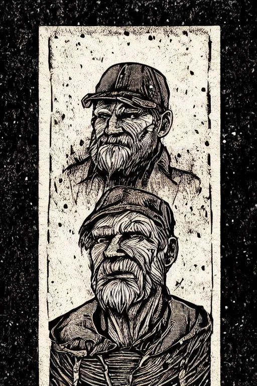 Image similar to a beautiful woodcut portrait print of an old man, 8 k, frostbite 3 engine, cryengine, dof, trending on artstation, digital art, crepuscular ray, art by roy l davies and tugboat printshop