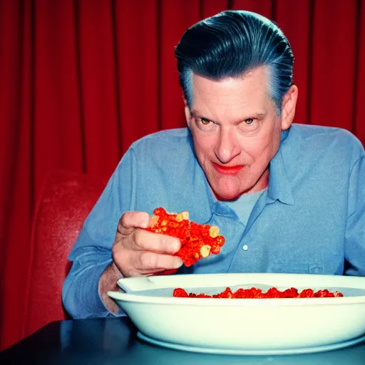 Image similar to a film still of bob from twin peaks eating cereal in the red room, cinematic lighting, high resolution, 4 k