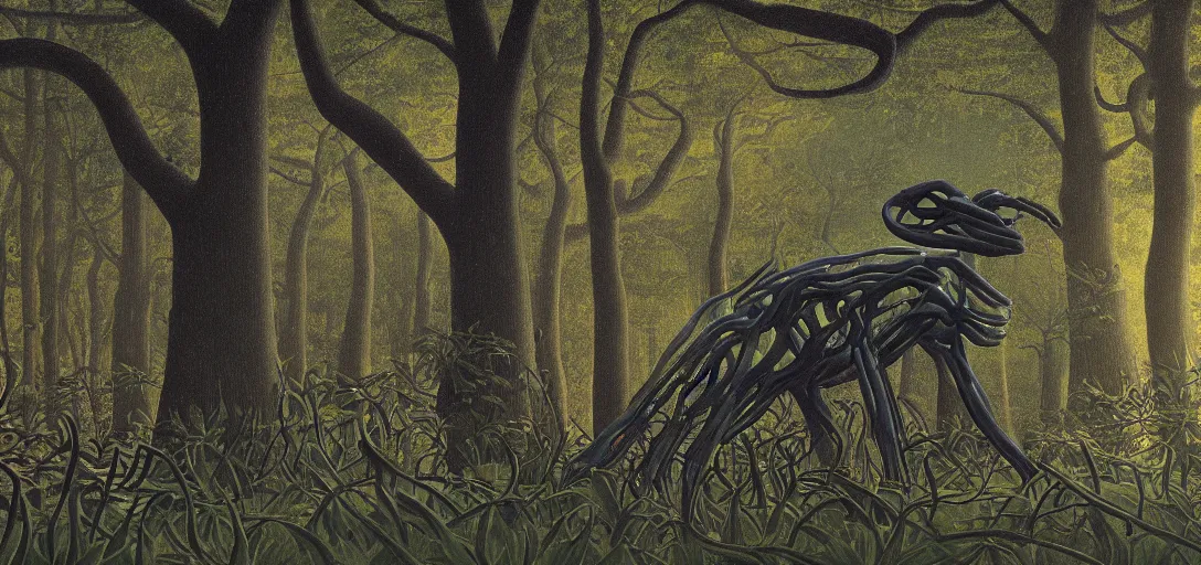 Image similar to portrait of a posed hyper detailed complex, plowhorn evangelion realistic mechanical and bioluminescent organic creature in a dark deep forest at dawn in spring, with reflection and textures, by henri rousseau, substance painter reaslitic mech surface metal painted scratches