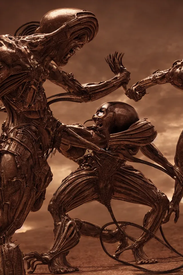 Prompt: Two Alien Mutant Gladiators Battle To Their Demise In Another Universe Moebius HR Giger Style, 8K, octane render, HDR, volumetric lighting, Production I.G. Anime Style