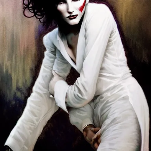 Image similar to beautiful portrait of androgynous ruby rose as desire from sandman in a white tuxedo!!!, rockabilly style, by alphonse mucha, cedric peyravernay, by jeremy mann, by frank moth, white suit and black tie, soft lightning, high detailed, 8 k