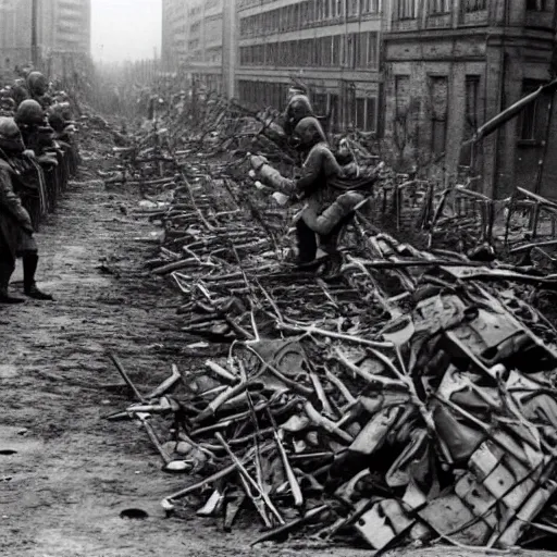 Image similar to Minions barricade themselves on Berlin preparing for the defense of the city against the soviets, Berlin's last stand, second world war, 1945, award winning, historical footage