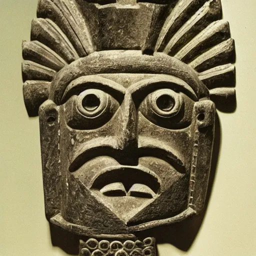 Image similar to photo portrait of precolumbian aztec shamanic metal face mask with fine detail engravings and runes cultist lord rich baron by Diane Arbus and Louis Daguerre