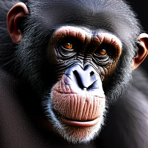 Image similar to a high detail closeup photograph of a chimpanze wearing a suit 👔, award wining photograph, digital art