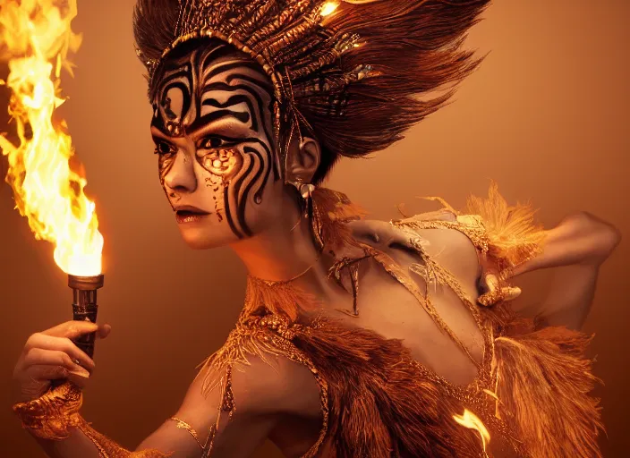 Image similar to studio portrait of a graceful fire dancer holding blow torches, fantasy, absurdly beautiful, wearing an elegant tribal outfit,, ultrafine hyperrealistic detailed face illustration by kim jung gi, irakli nadar, ultra realistic, final fantasy, 4 k, movie still, uhd, sharp, detailed, cinematic, render, modern