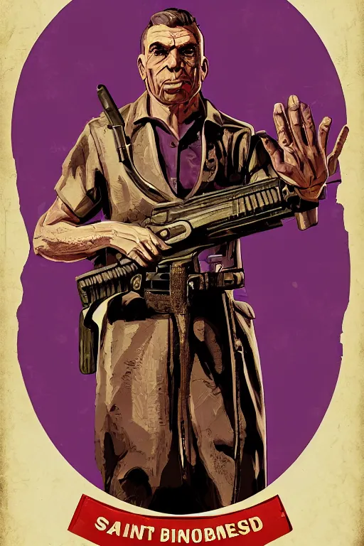 Image similar to saint homo neanderthalis, portrait, propaganda poster, with book of science on his right hand, and riffle, violet polsangi pop art, gta chinatown wars art style, bioshock infinite art style, incrinate, realistic anatomy, hyperrealistic, two colors, white frame border, 4 k, uhd, remove duplicate content.