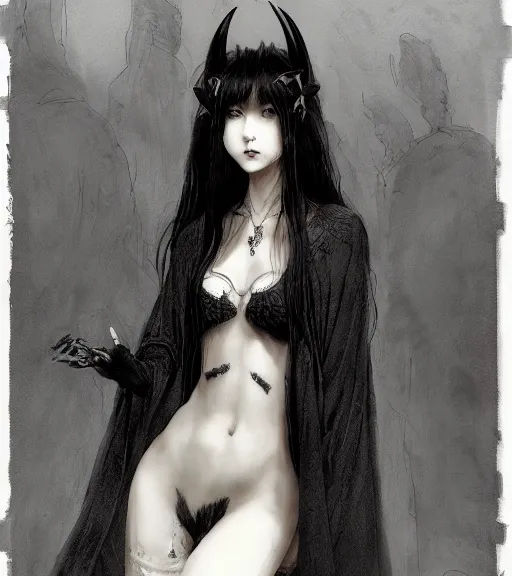 Image similar to portrait of anime succubus with long hair wearing a dark robe, pen and ink, intricate line drawings, by craig mullins, ruan jia, kentaro miura, greg rutkowski, loundraw