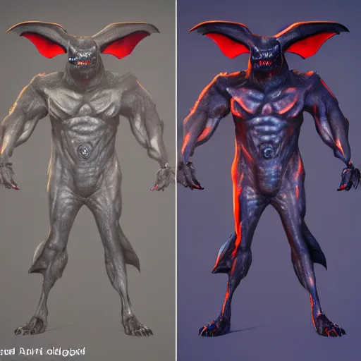 Image similar to front and back character view of scary giant mutant dark blue humanoid bat, glowing red eyes flying above a stormy ocean, sharp teeth, acid leaking from mouth, realistic, giant, bat ears, bat nose, bat claws, bat wings, furred, covered in soft fur, detailed, trending on artstation clean concept art and sheet that using unreal engine 5 render and hyper detailed 3D texture with cinematic software light 85mm f/1.4
