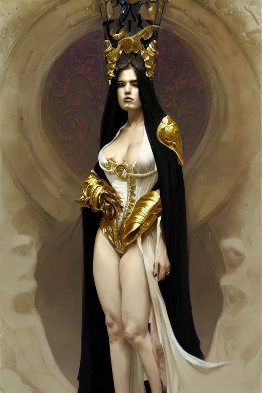 Prompt: Portrait of a Holy Necromancer, female, beautiful, golden robes, white pants, exquisite black accessories, golden corset, highly detailed, smooth, sharp focus, digital painting, illustration, fantasy, by Krenz Cushart and Artem Demura and alphonse mucha, artstation, cgsociety, HD 16K